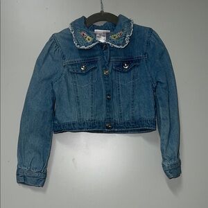 Little Lass Blue Denim Jacket with Floral Embroidery